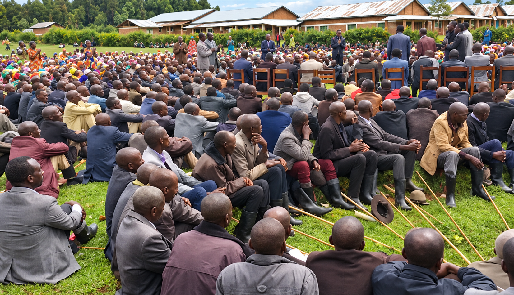 Community members gathered outdoors for a meeting